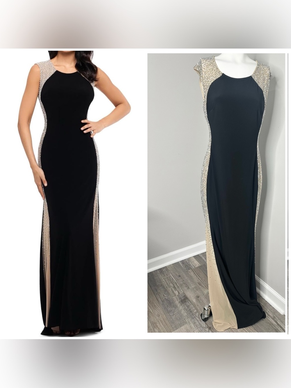 Xscape Black Gown with Nude Illusion Panels and Rhinestone Trim